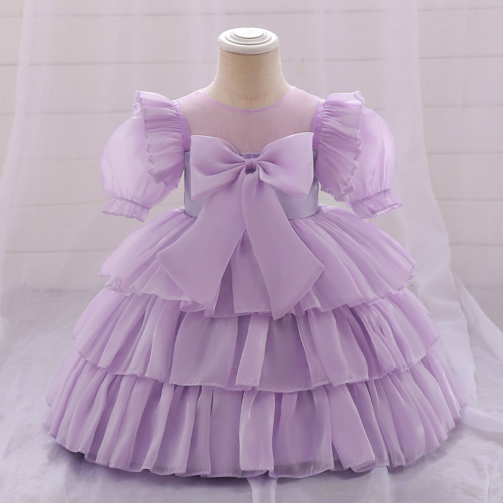 Baby Girl Summer Satin Dress with Bow Decoration  Clothes -Floral Chiffon Birthday Dress