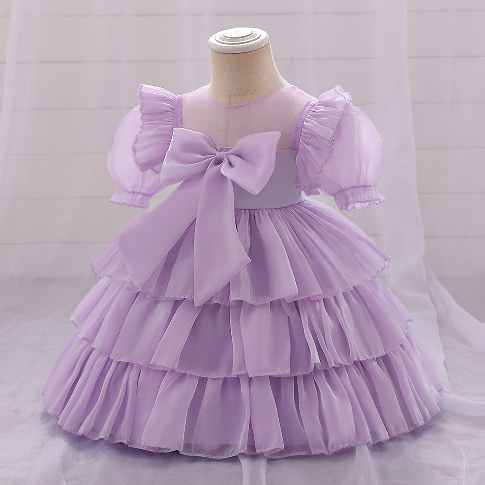 Baby Girl Summer Satin Dress with Bow Decoration  Clothes -Floral Chiffon Birthday Dress