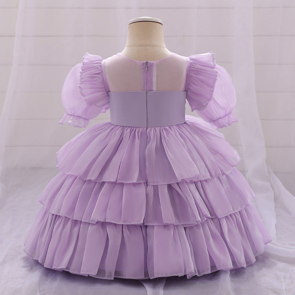 Baby Girl Summer Satin Dress with Bow Decoration  Clothes -Floral Chiffon Birthday Dress