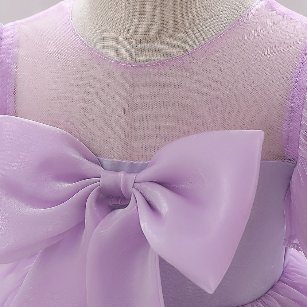 Baby Girl Summer Satin Dress with Bow Decoration  Clothes -Floral Chiffon Birthday Dress
