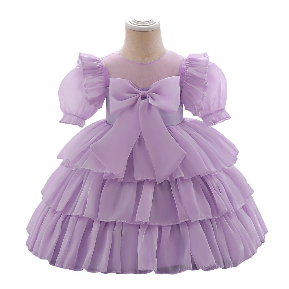 Baby Girl Summer Satin Dress with Bow Decoration  Clothes -Floral Chiffon Birthday Dress
