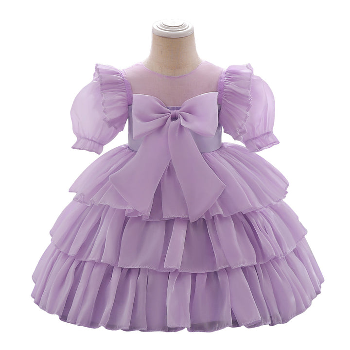 Baby Girl Summer Satin Dress with Bow Decoration  Clothes -Floral Chiffon Birthday Dress