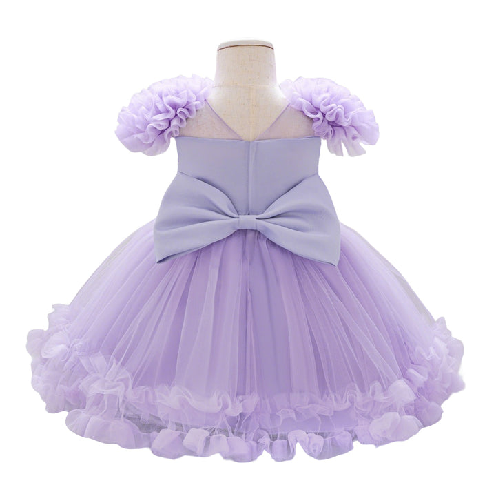 Princess Purple Sequin Puff-Sleeves Satin Mesh Party Dress with Bow for Young Girls