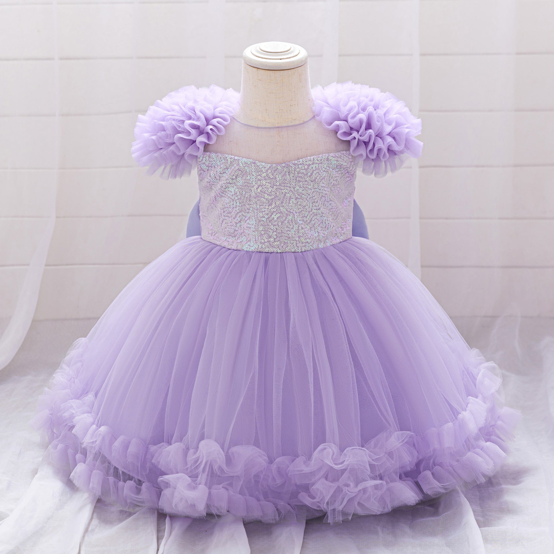 Princess Purple Sequin Puff-Sleeves Satin Mesh Party Dress with Bow for Young Girls