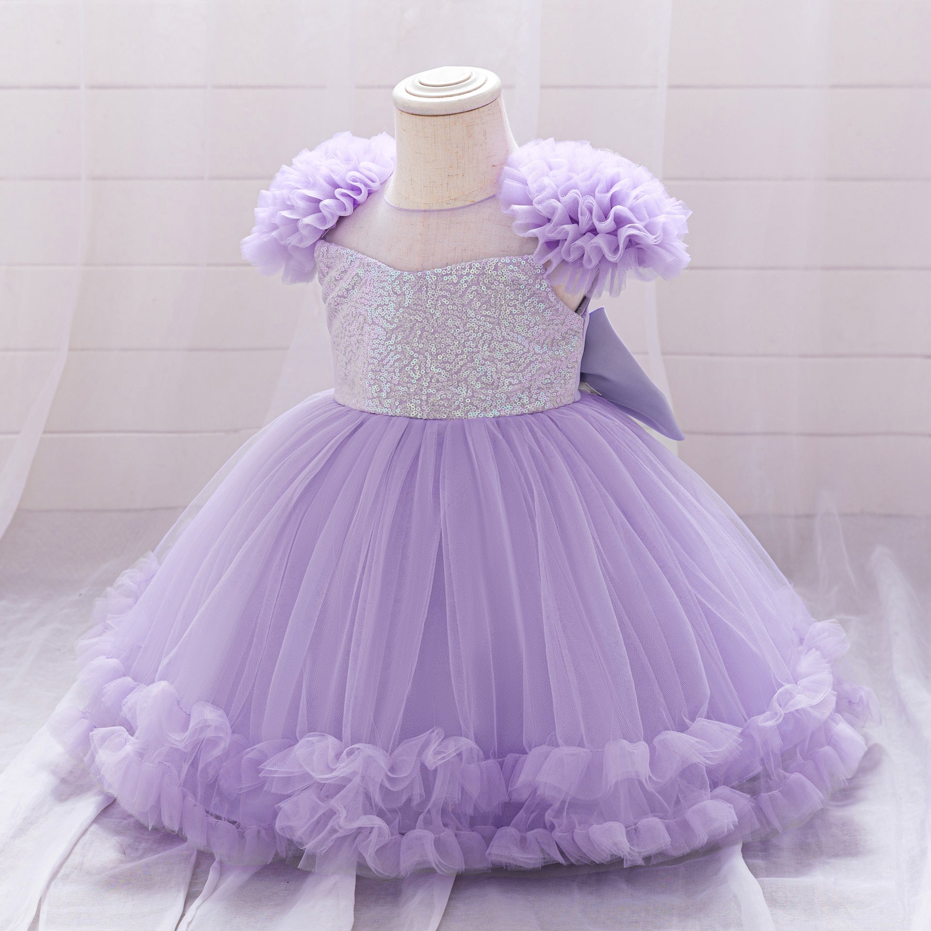 Princess Purple Sequin Puff-Sleeves Satin Mesh Party Dress with Bow for Young Girls