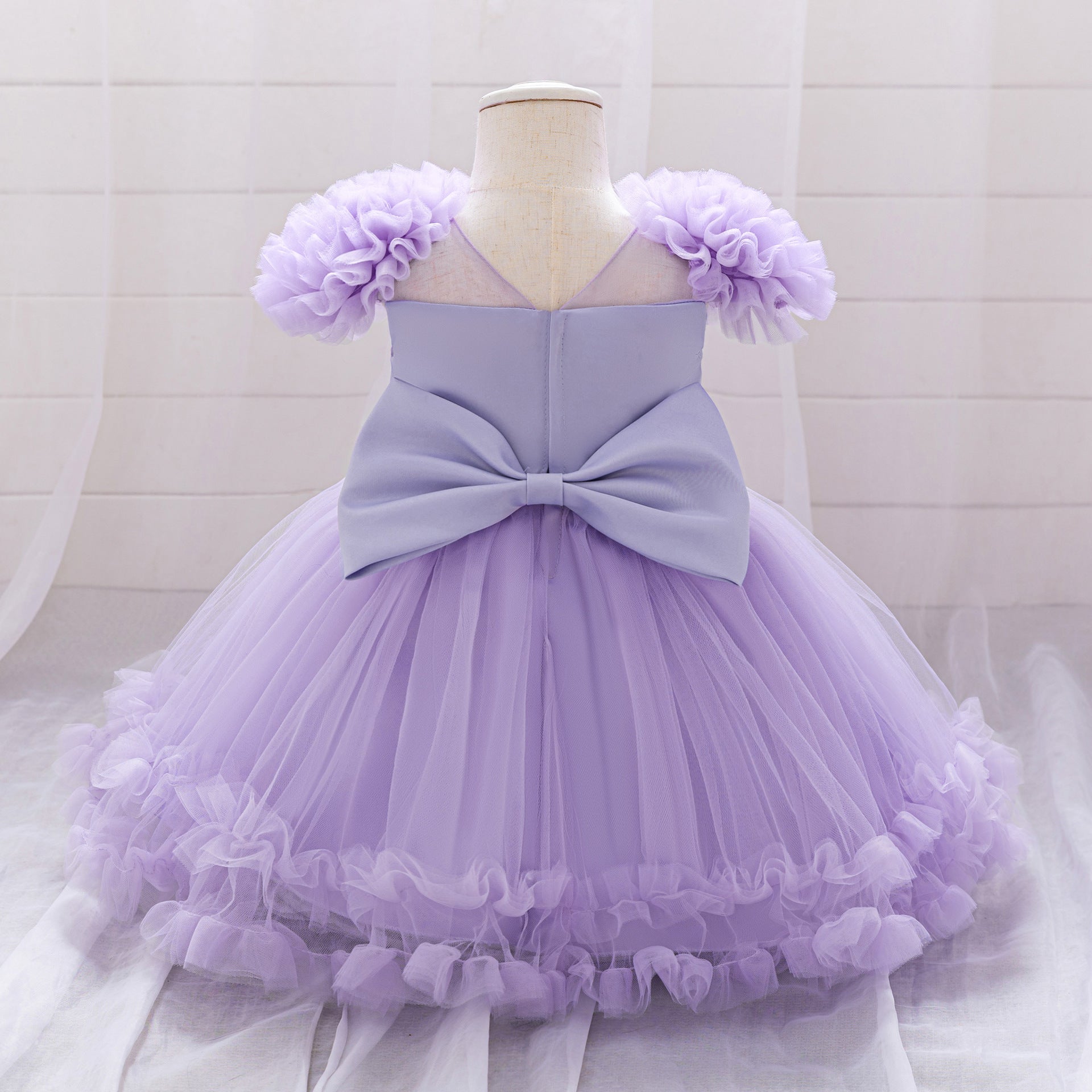 Princess Purple Sequin Puff-Sleeves Satin Mesh Party Dress with Bow for Young Girls