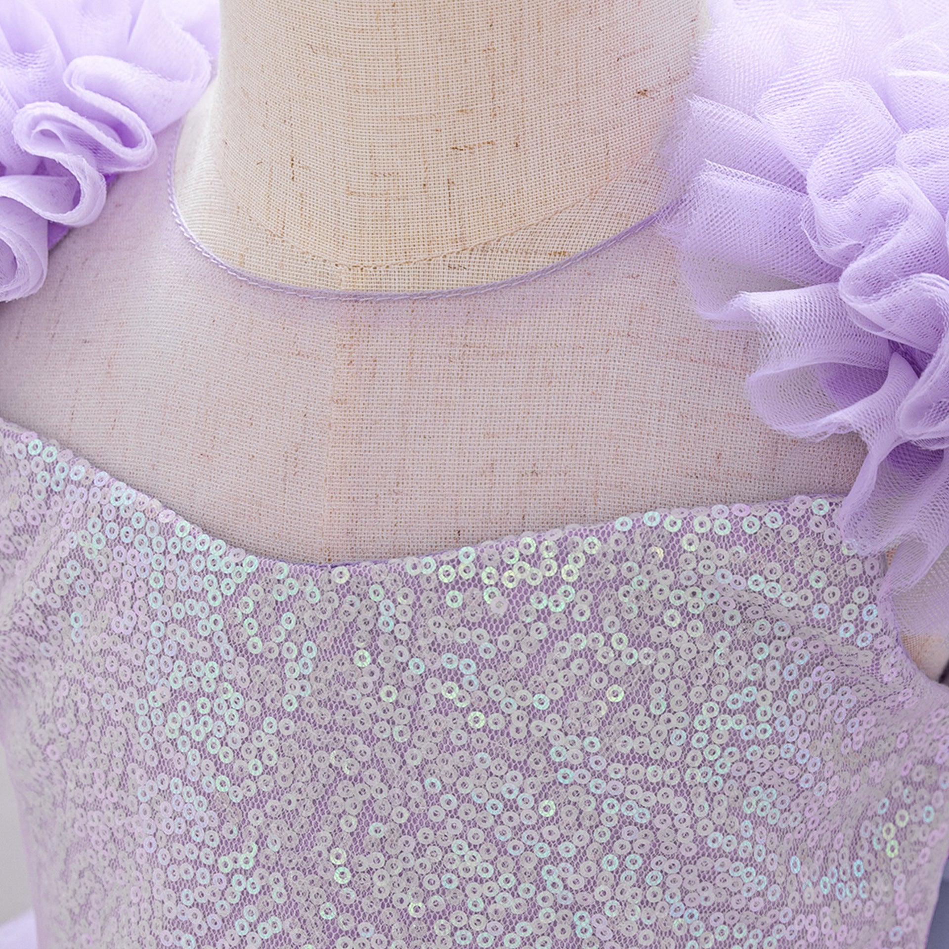 Princess Purple Sequin Puff-Sleeves Satin Mesh Party Dress with Bow for Young Girls