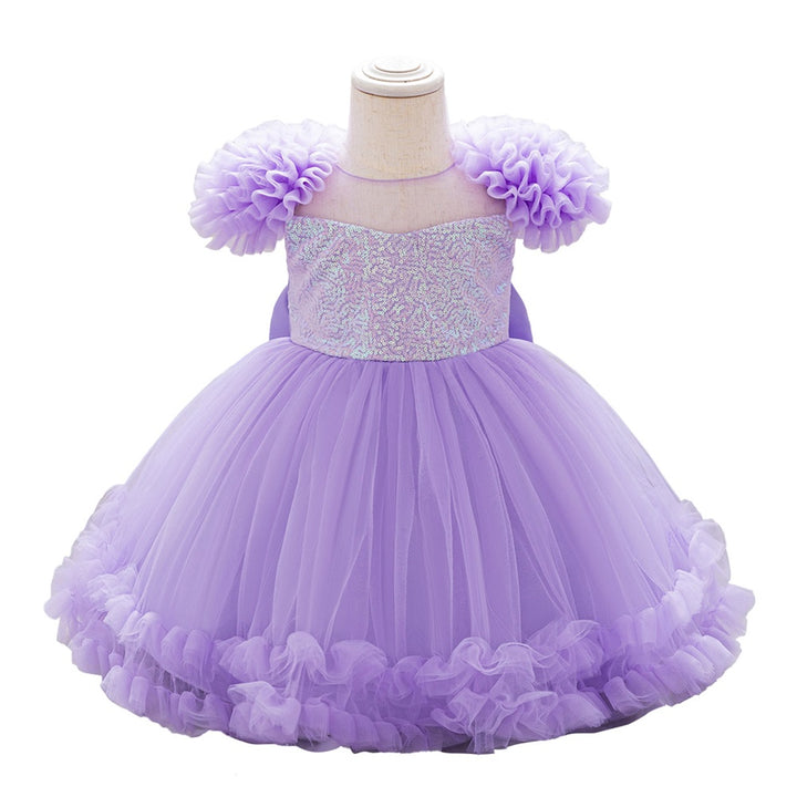 Princess Purple Sequin Puff-Sleeves Satin Mesh Party Dress with Bow for Young Girls