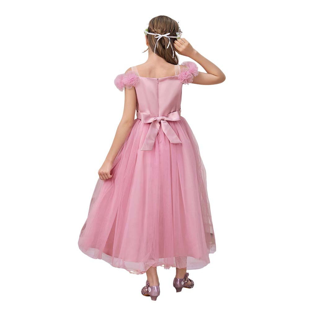 High Quality Satin Flower Graduation Girl Dress -Shoulderless with Pattern Decoration and Bow for Teen