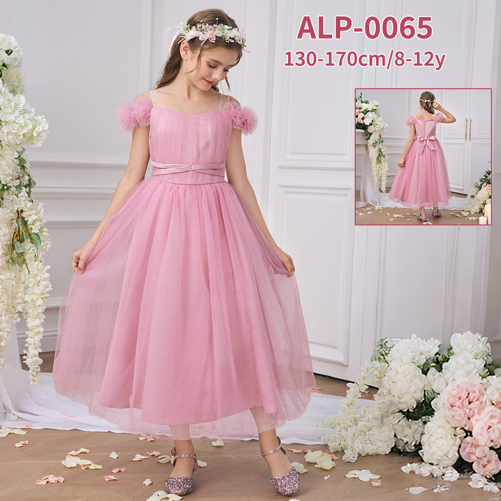 High Quality Satin Flower Graduation Girl Dress -Shoulderless with Pattern Decoration and Bow for Teen