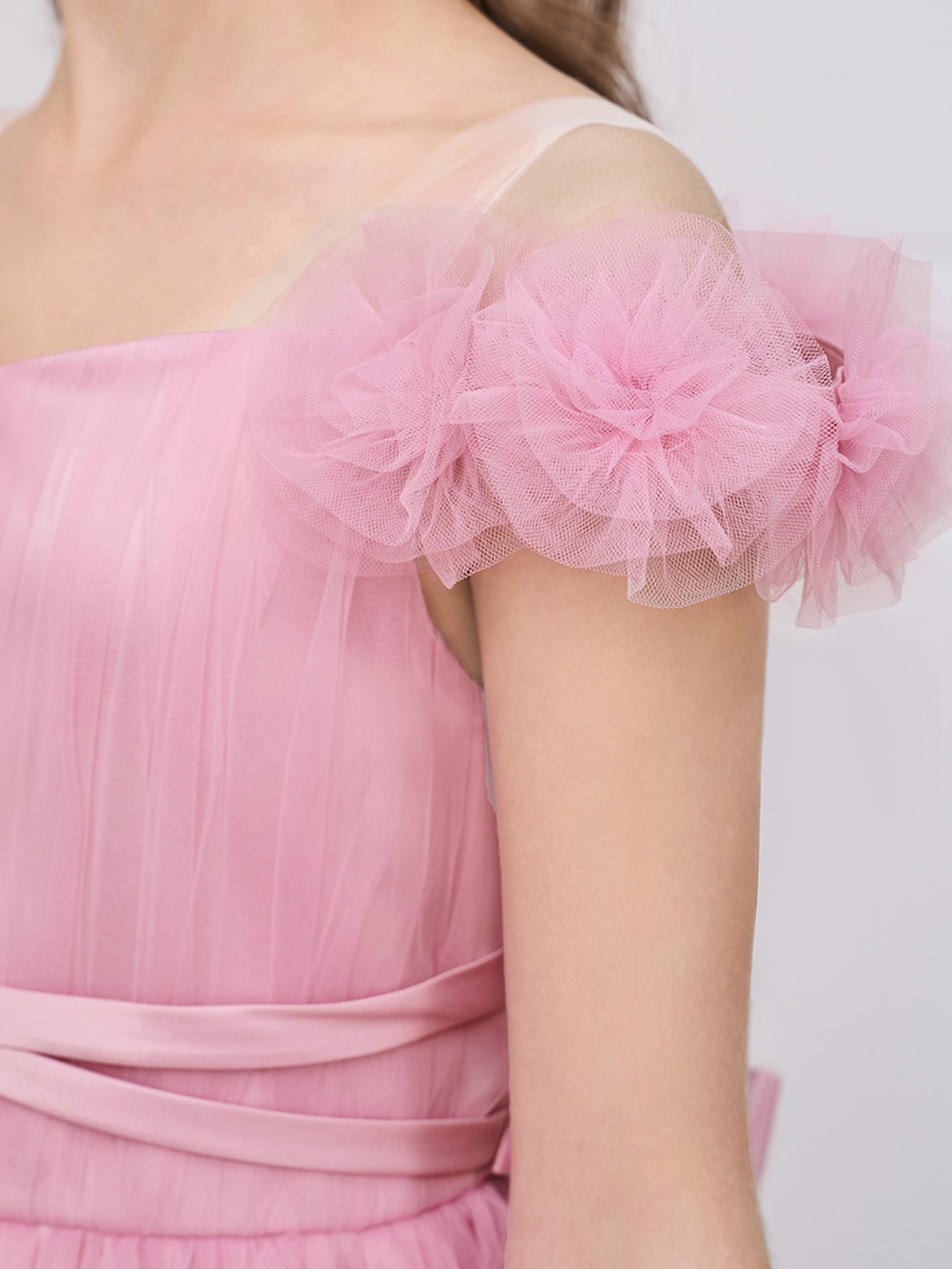 High Quality Satin Flower Graduation Girl Dress -Shoulderless with Pattern Decoration and Bow for Teen
