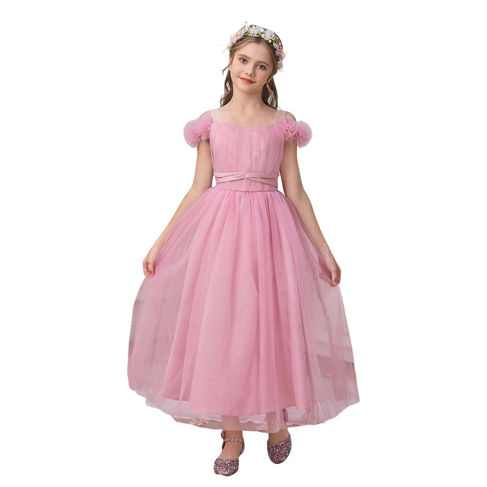 High Quality Satin Flower Graduation Girl Dress -Shoulderless with Pattern Decoration and Bow for Teen