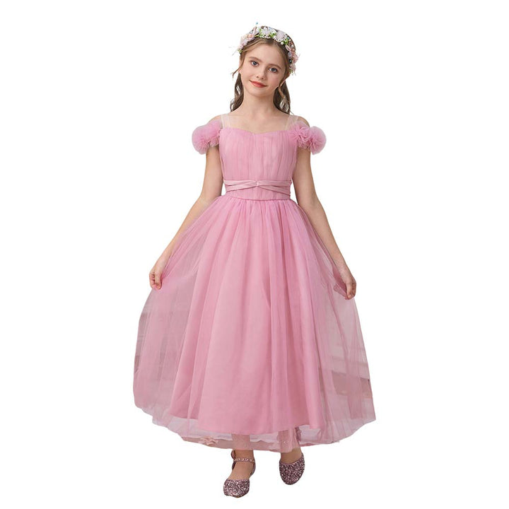 High Quality Satin Flower Graduation Girl Dress -Shoulderless with Pattern Decoration and Bow for Teen