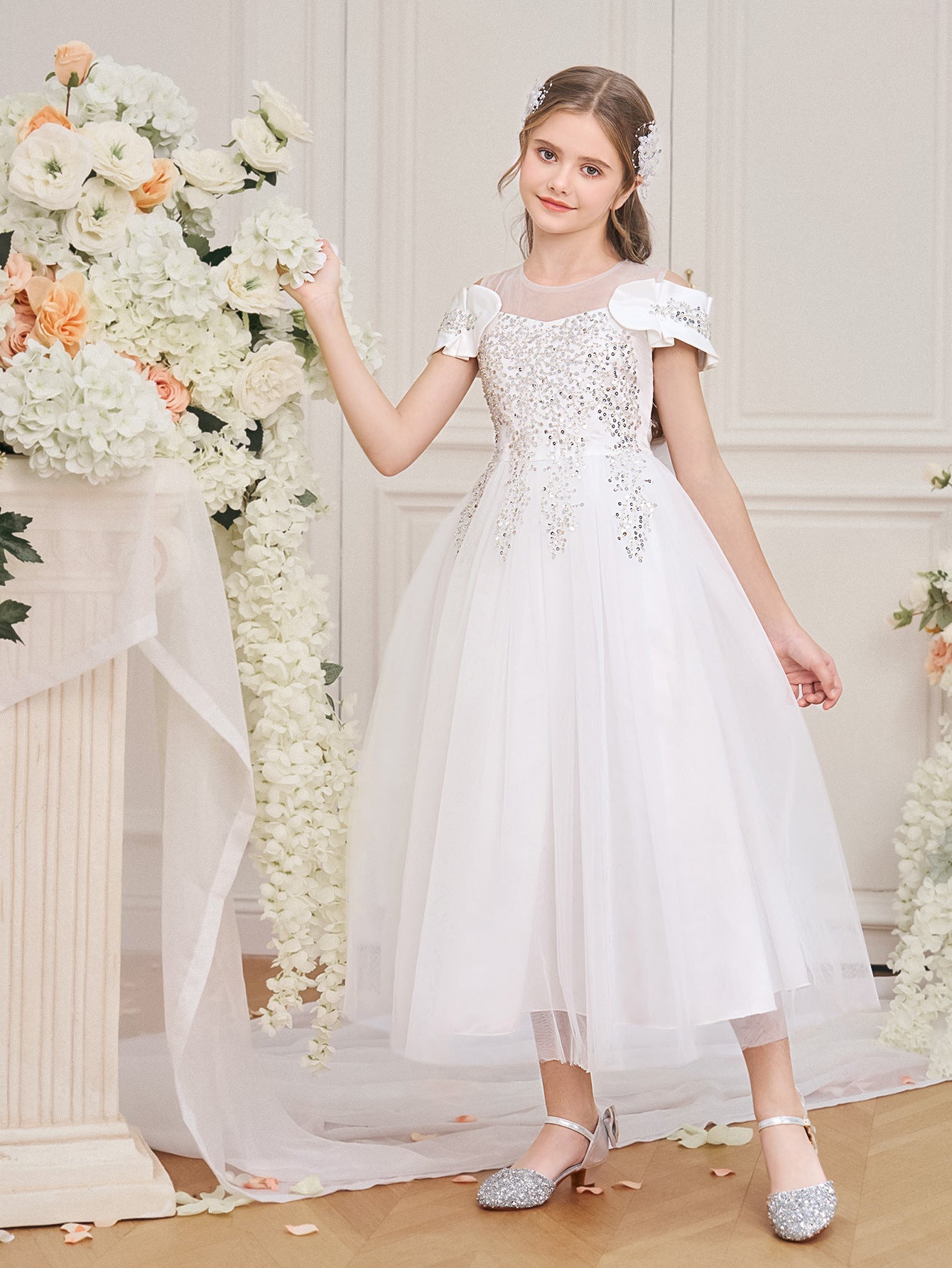 Designer Sequined White Lace Graduation Party Dress for Girls