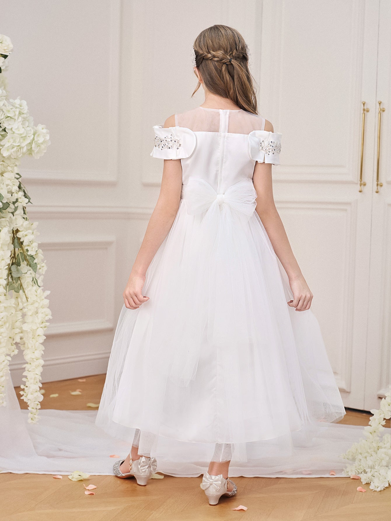 Designer Sequined White Lace Graduation Party Dress for Girls