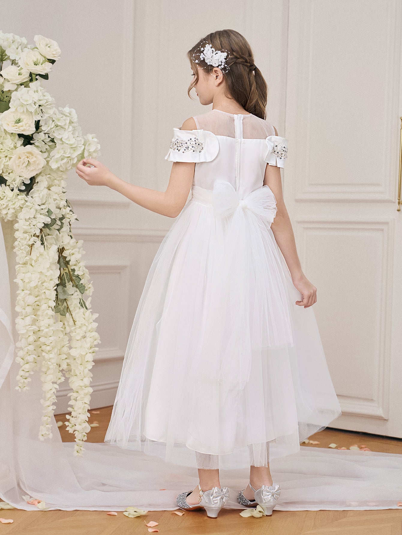 Designer Sequined White Lace Graduation Party Dress for Girls