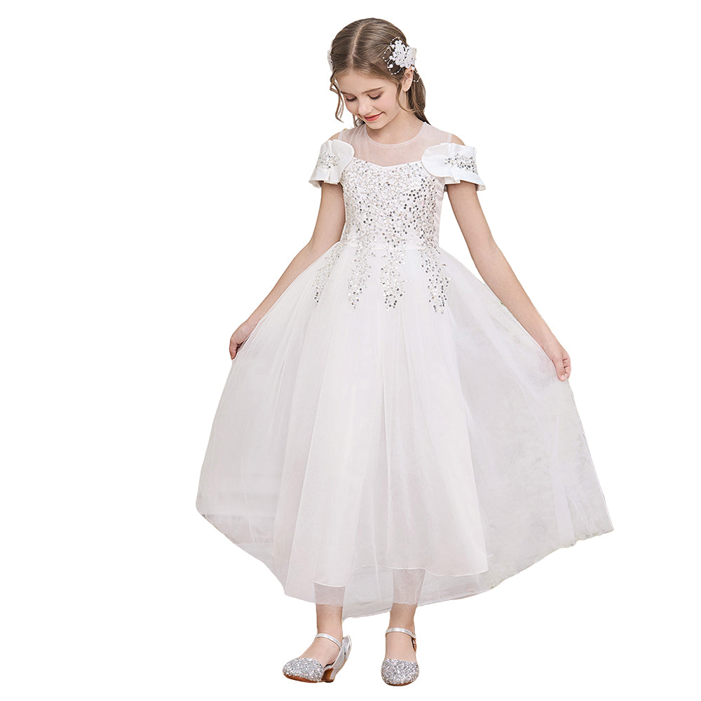 Designer Sequined White Lace Graduation Party Dress for Girls