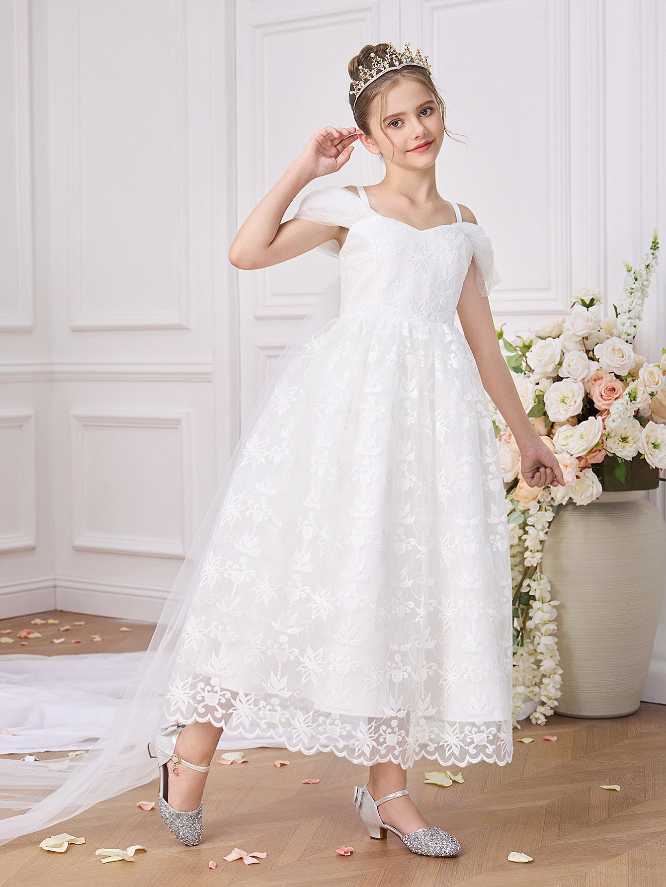 KT Fashion Girls Christmas Flowers Lace Gown Ball Dresses for Teen Clothing