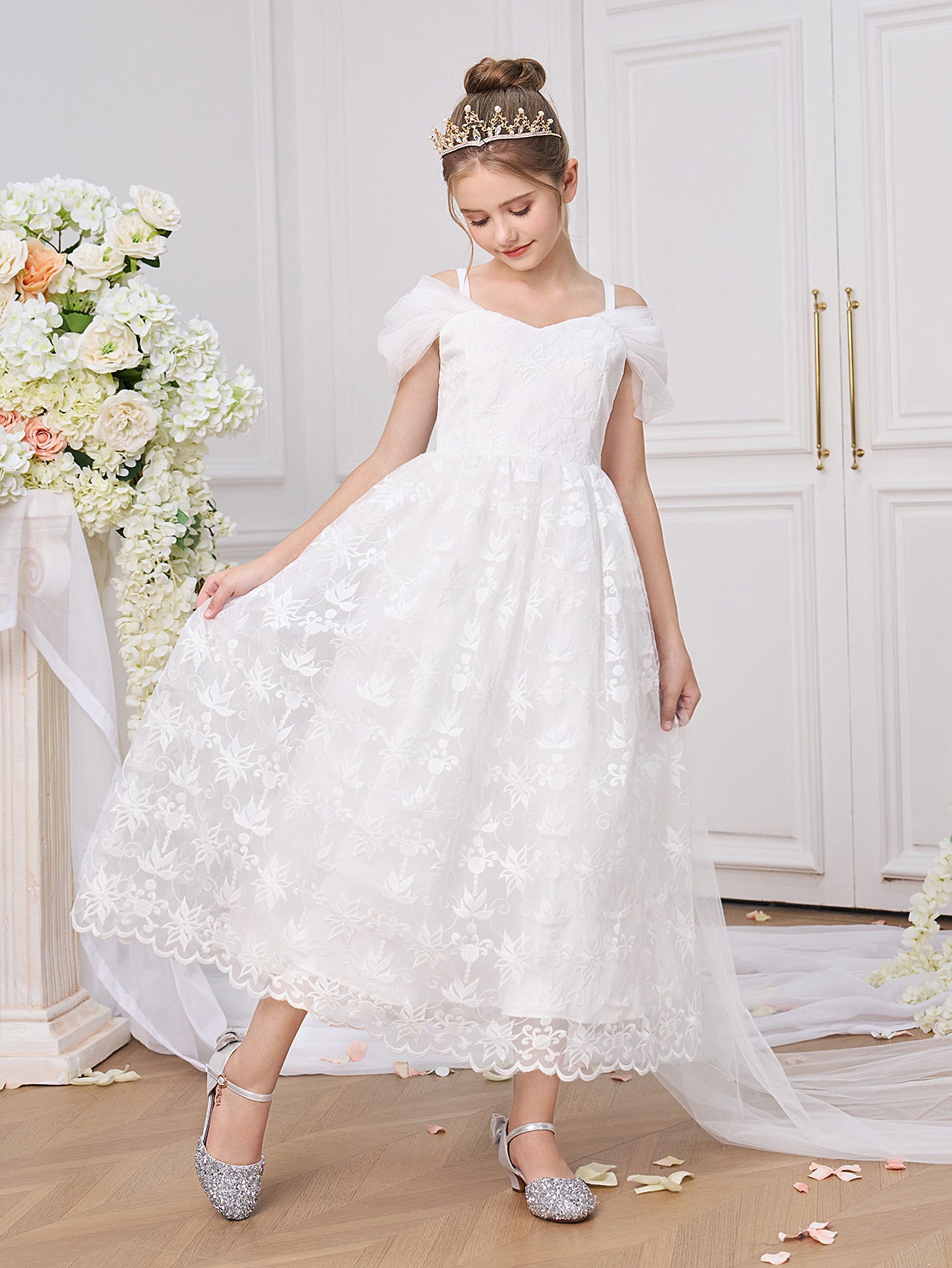KT Fashion Girls Christmas Flowers Lace Gown Ball Dresses for Teen Clothing