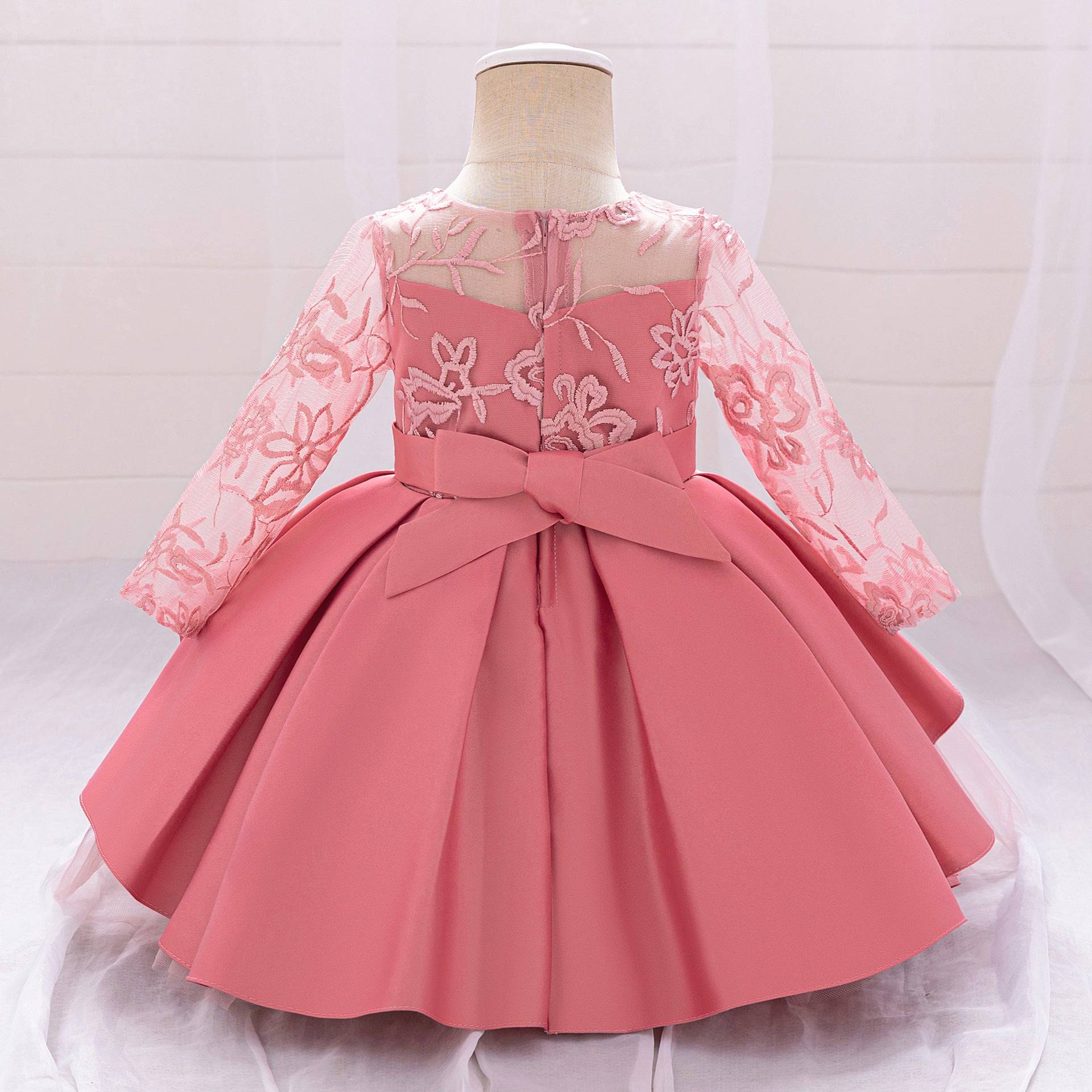 Pink Dress-Lace Mesh Bow Holiday Party Dress for Toddler  Baby
