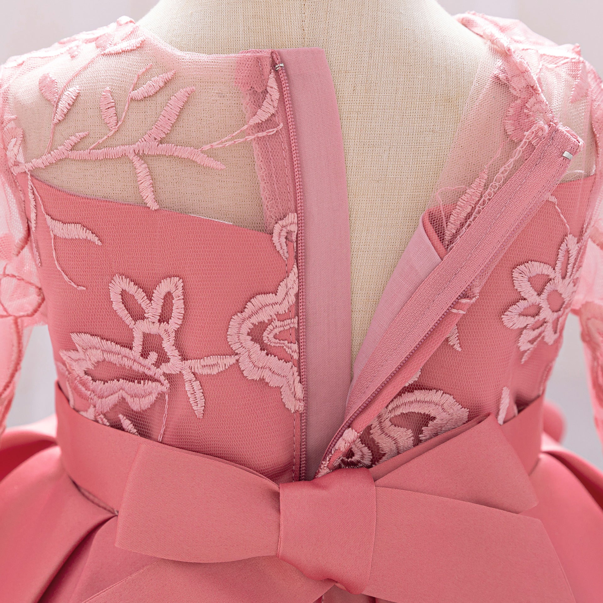 Pink Dress-Lace Mesh Bow Holiday Party Dress for Toddler  Baby