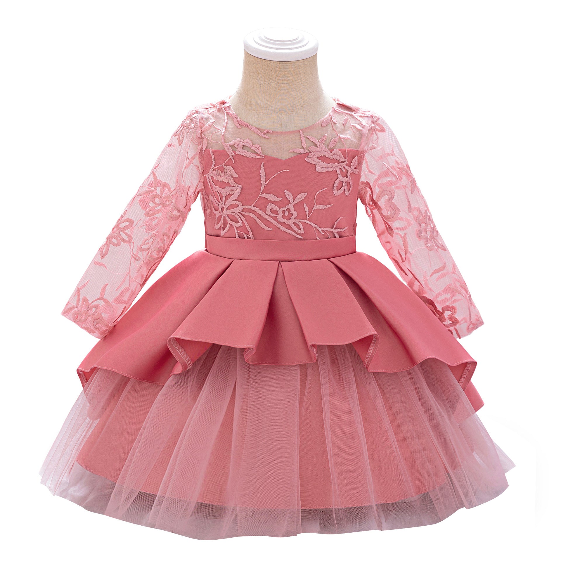 Pink Dress-Lace Mesh Bow Holiday Party Dress for Toddler  Baby