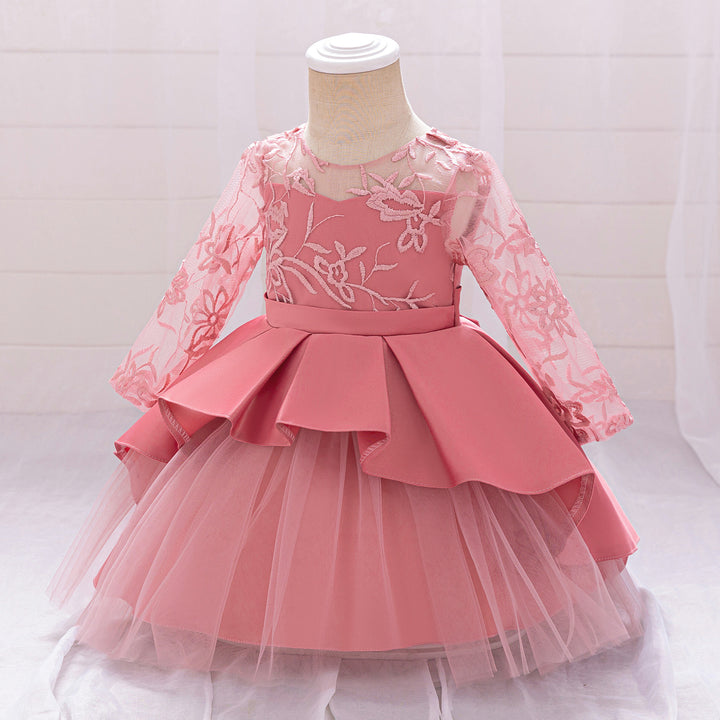 Pink Dress-Lace Mesh Bow Holiday Party Dress for Toddler  Baby