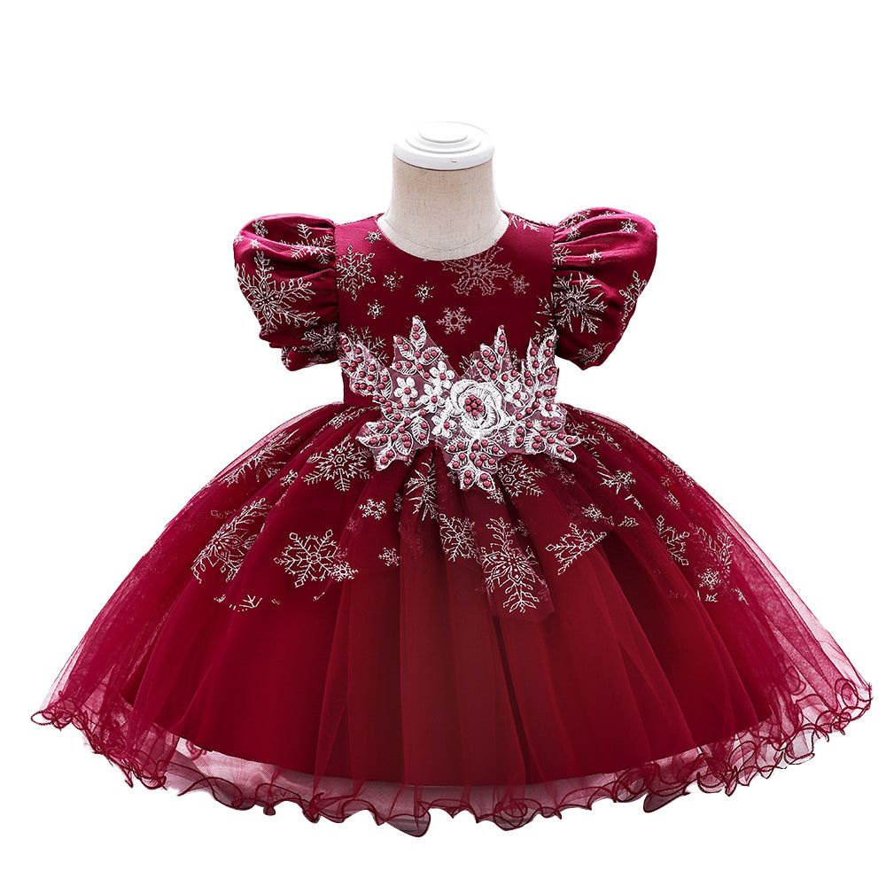 Little Girl  Short Sleeve Embroidered Flower Christmas Party Dress for 1-5 Years Old