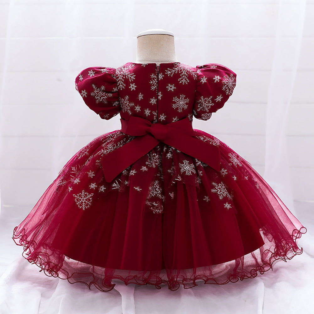 Little Girl  Short Sleeve Embroidered Flower Christmas Party Dress for 1-5 Years Old