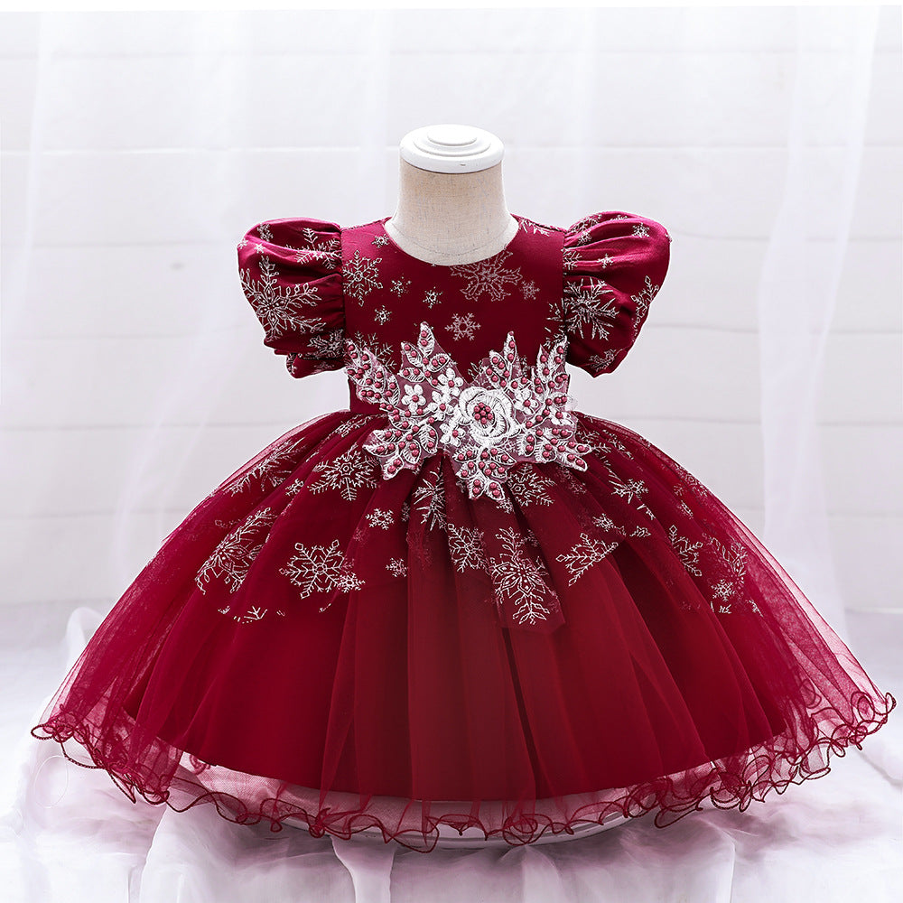 Little Girl  Short Sleeve Embroidered Flower Christmas Party Dress for 1-5 Years Old