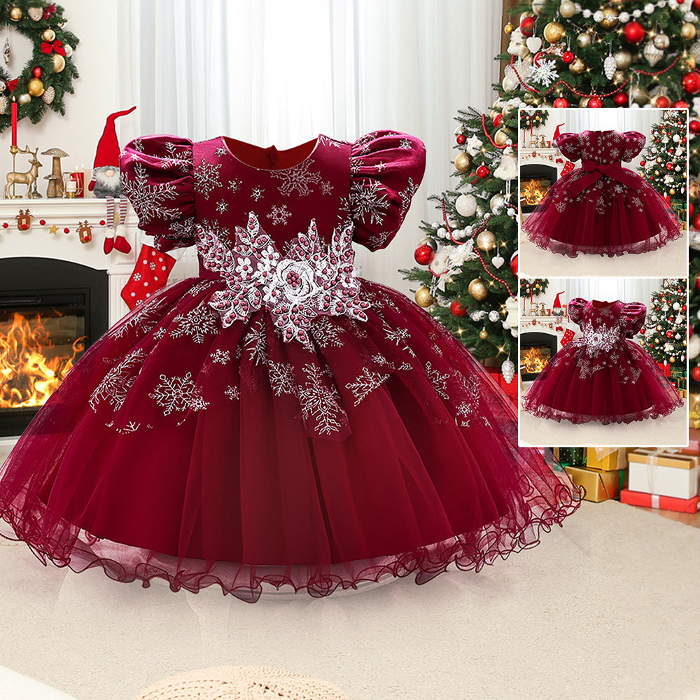 Little Girl  Short Sleeve Embroidered Flower Christmas Party Dress for 1-5 Years Old