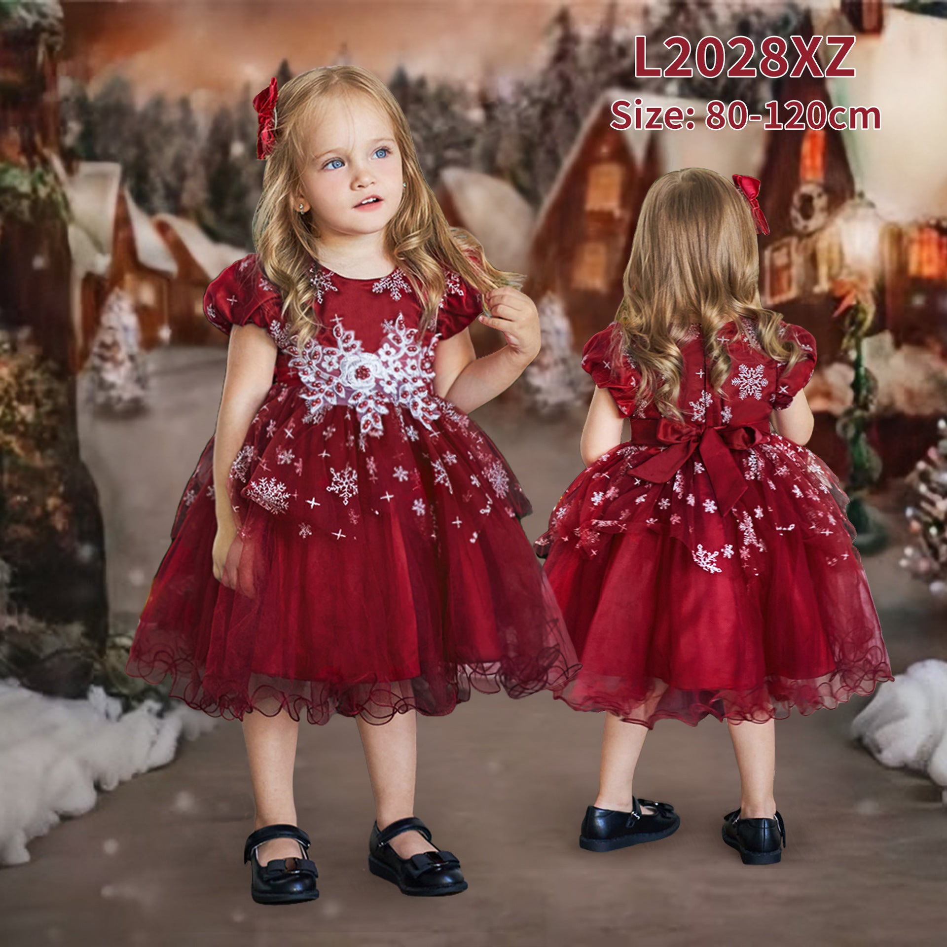 Little Girl  Short Sleeve Embroidered Flower Christmas Party Dress for 1-5 Years Old