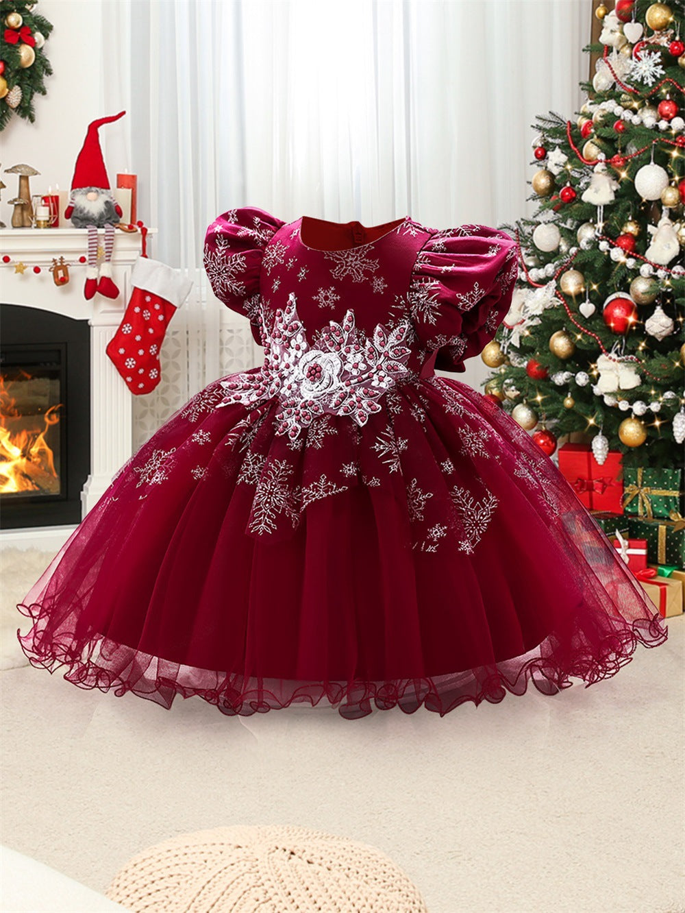 Little Girl  Short Sleeve Embroidered Flower Christmas Party Dress for 1-5 Years Old