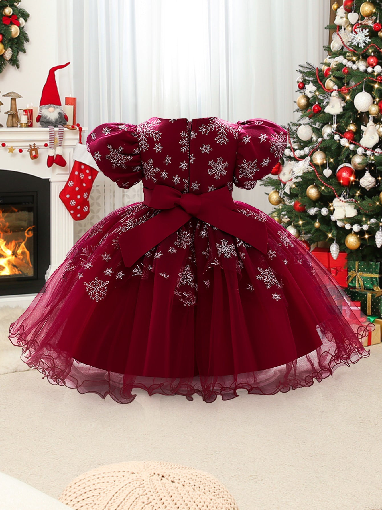 Little Girl  Short Sleeve Embroidered Flower Christmas Party Dress for 1-5 Years Old