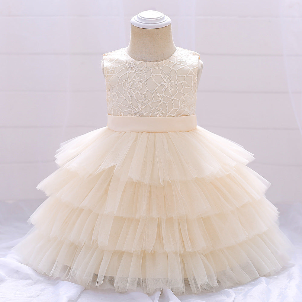 Mini Design Little Girl Cake-Style Flared Dress - Bow Decorated Princess Dress