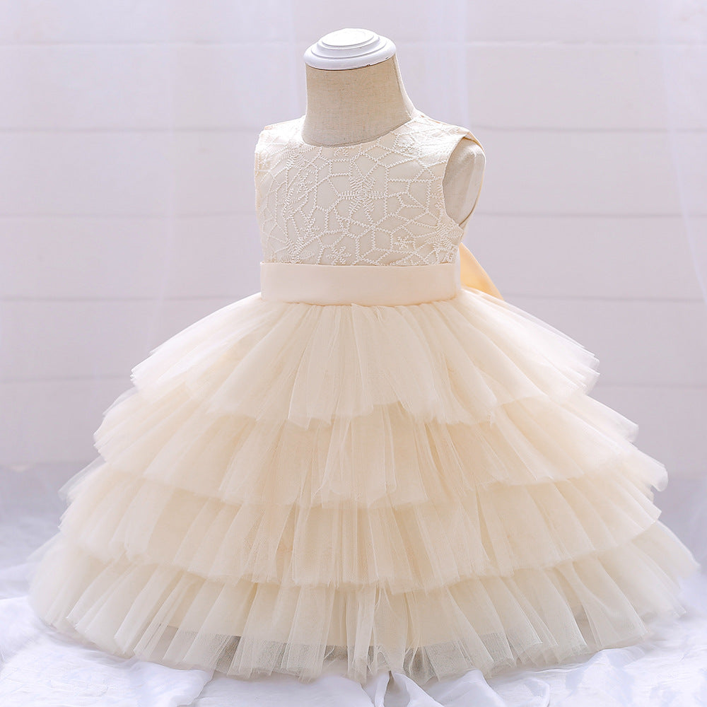 Mini Design Little Girl Cake-Style Flared Dress - Bow Decorated Princess Dress