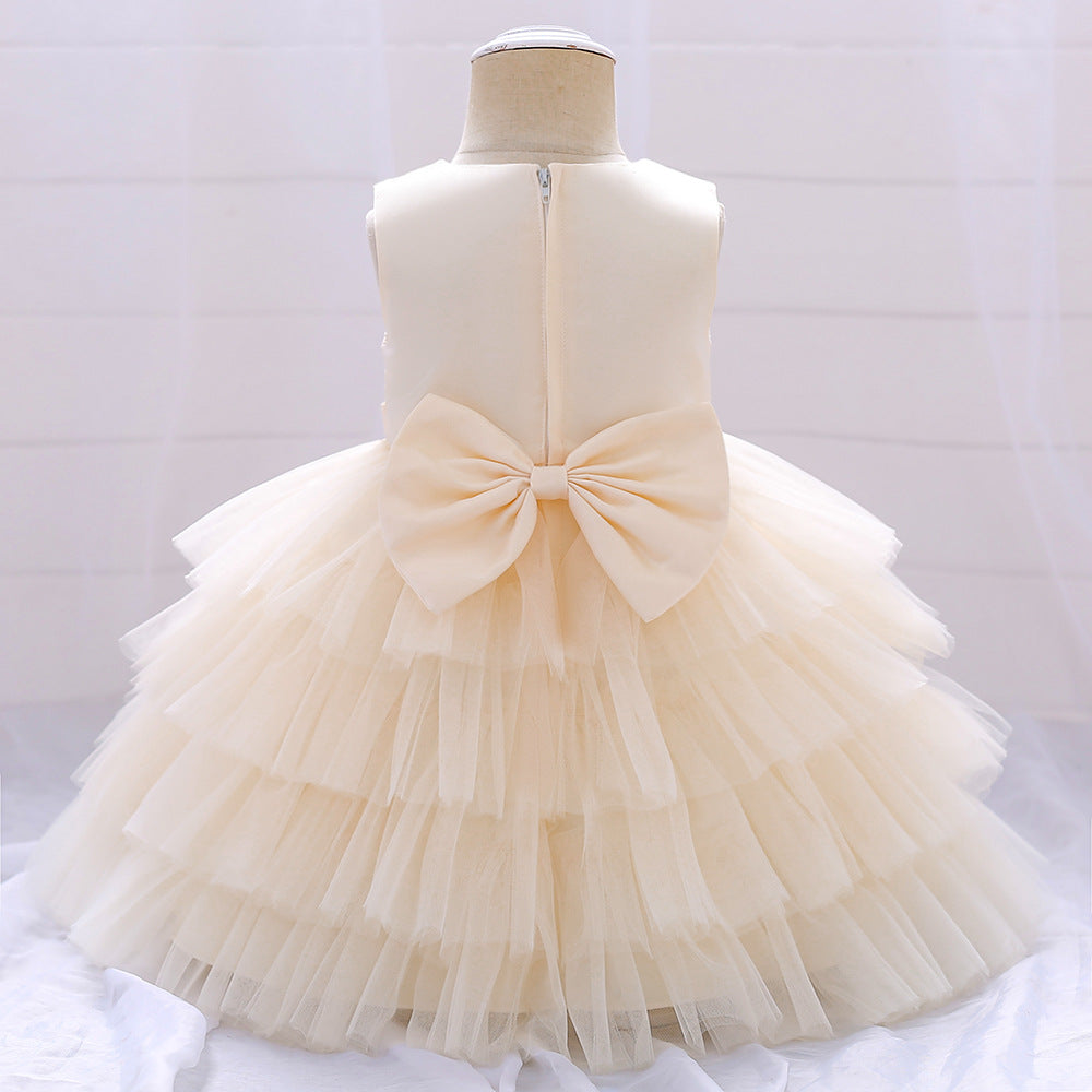 Mini Design Little Girl Cake-Style Flared Dress - Bow Decorated Princess Dress