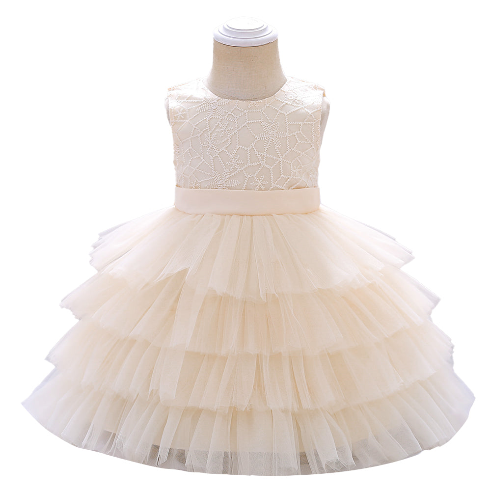 Mini Design Little Girl Cake-Style Flared Dress - Bow Decorated Princess Dress