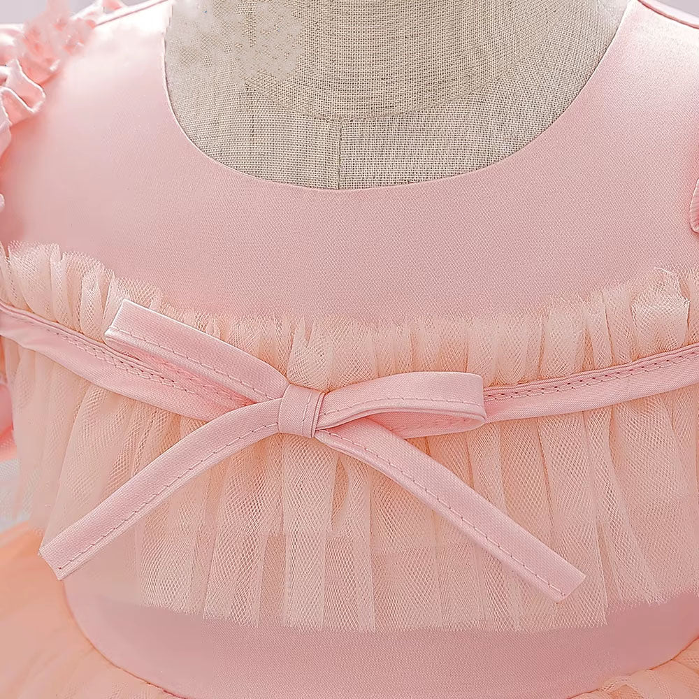 Satin Short Puff Sleeve Ball Gown for Baby Girl Birthday Dress