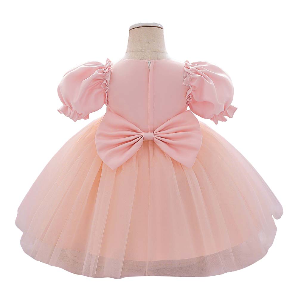 Satin Short Puff Sleeve Ball Gown for Baby Girl Birthday Dress