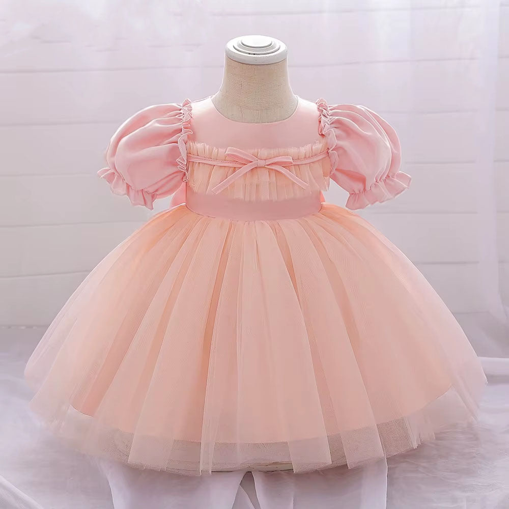 Satin Short Puff Sleeve Ball Gown for Baby Girl Birthday Dress
