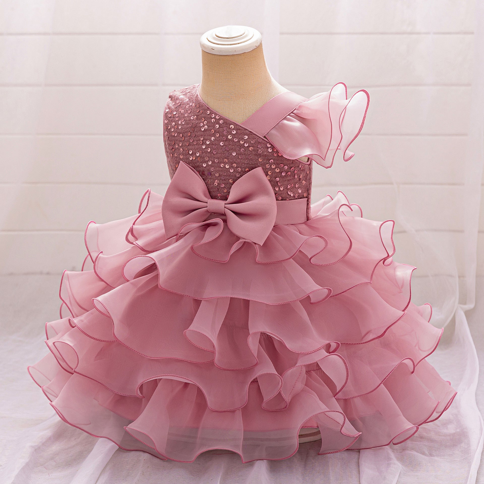 Girls Summer Sequin Lace Cake Dress- Garden party pink dress