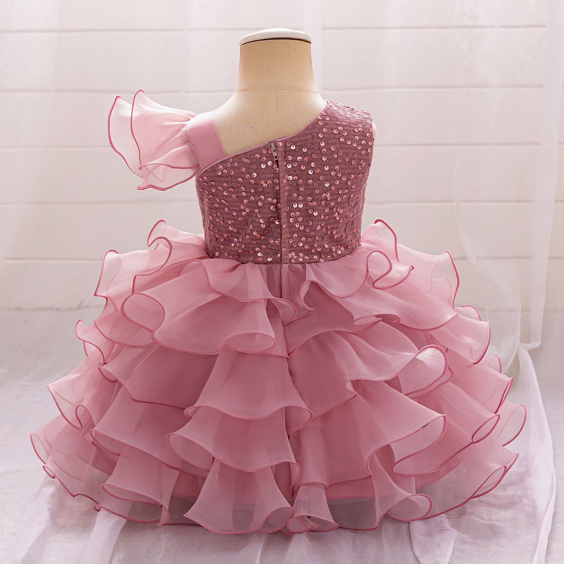Girls Summer Sequin Lace Cake Dress- Garden party pink dress