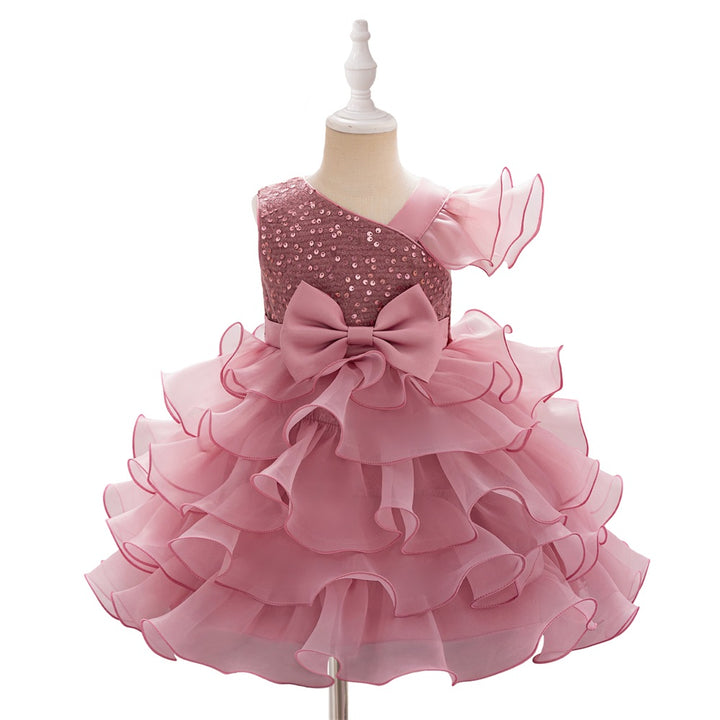 Girls Summer Sequin Lace Cake Dress- Garden party pink dress