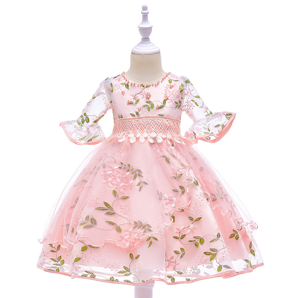 Mid-length Sleeve Girls Dress -Princess Embroidered Floral Party Dress