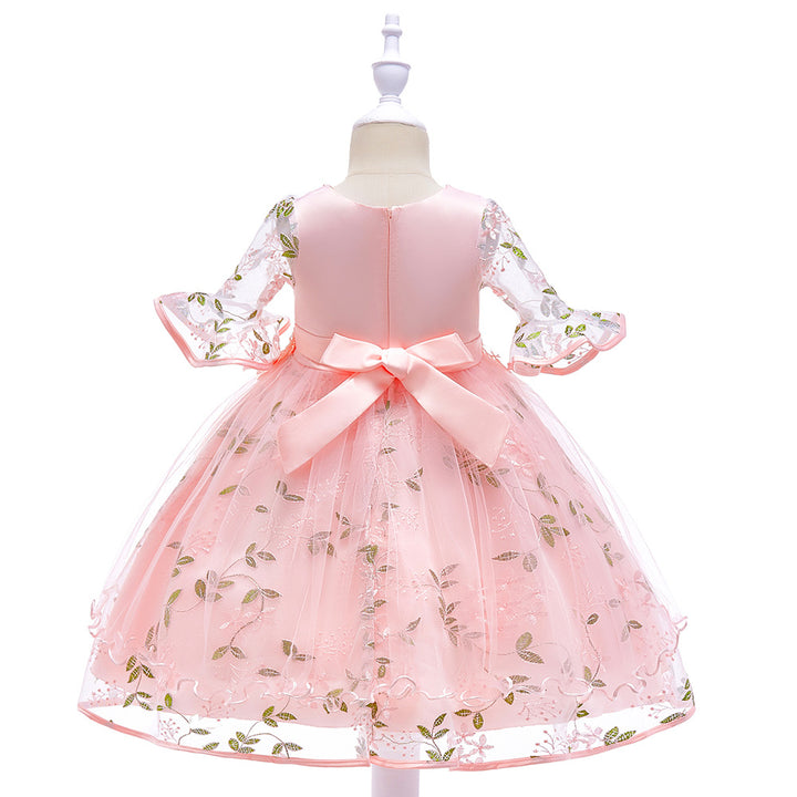 Mid-length Sleeve Girls Dress -Princess Embroidered Floral Party Dress
