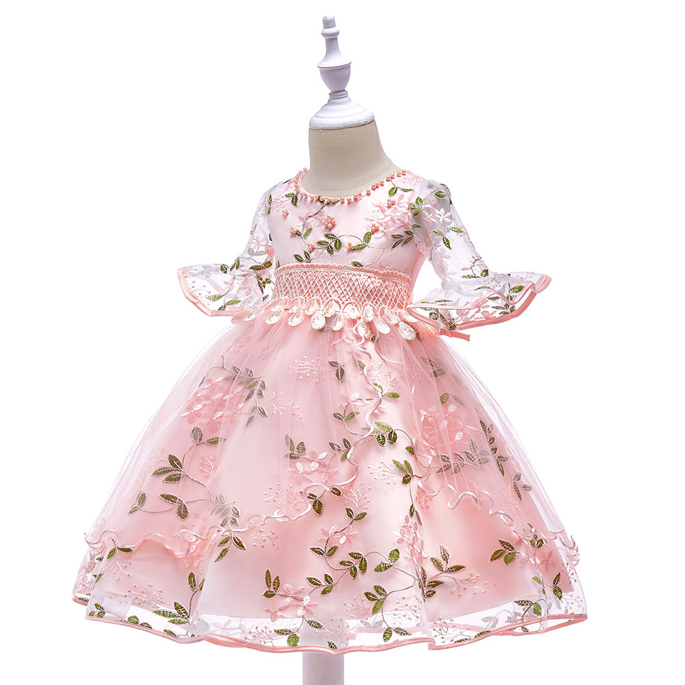 Mid-length Sleeve Girls Dress -Princess Embroidered Floral Party Dress