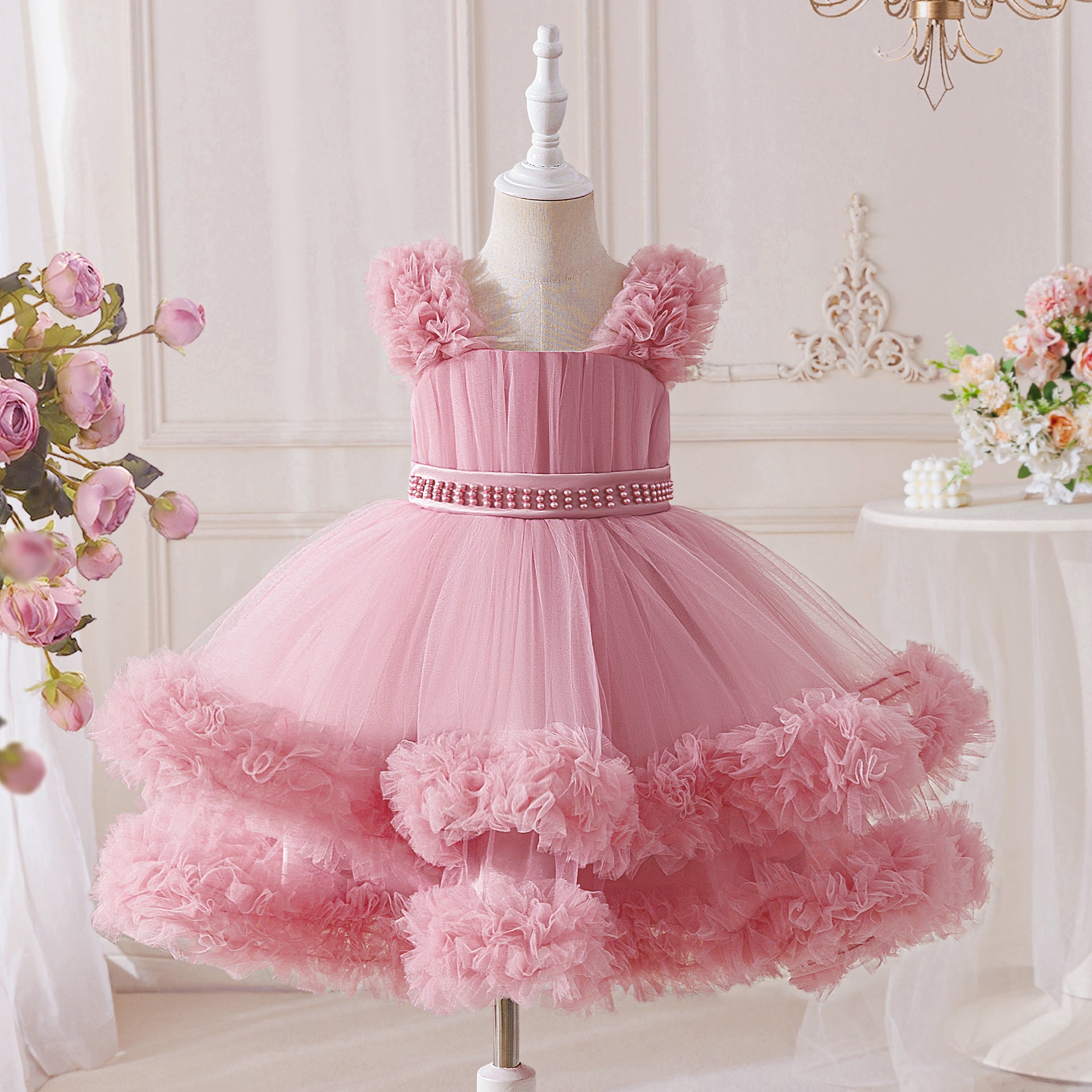 Young Girls' Thick Strap Pleated Mesh Elegant Gown Ball Party Dress, Suitable For Flower Girl, Wedding, Graduation, Prom