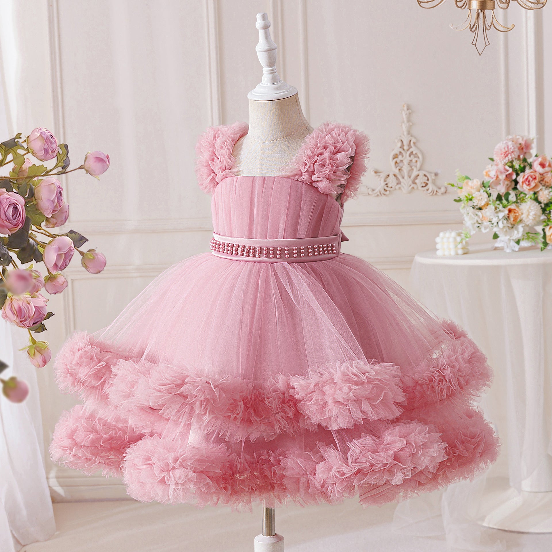 Young Girls' Thick Strap Pleated Mesh Elegant Gown Ball Party Dress, Suitable For Flower Girl, Wedding, Graduation, Prom