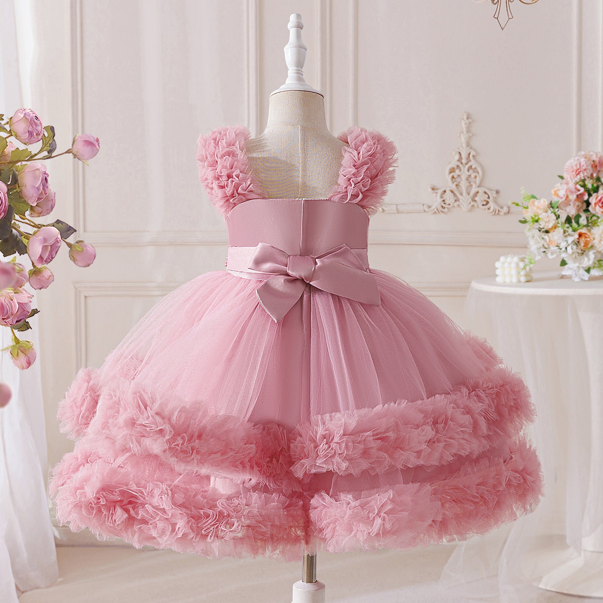 Young Girls' Thick Strap Pleated Mesh Elegant Gown Ball Party Dress, Suitable For Flower Girl, Wedding, Graduation, Prom